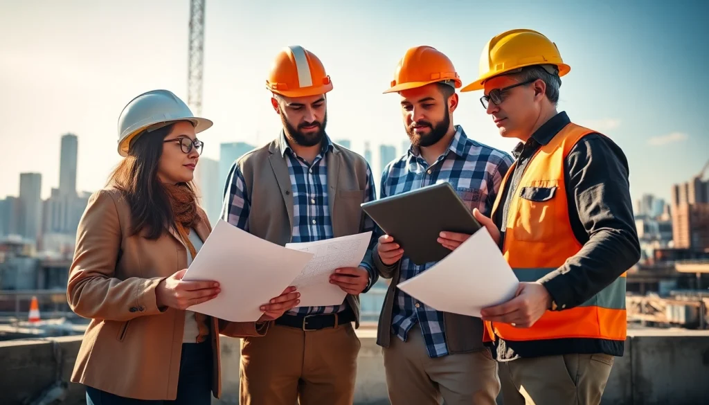 Team engaging in construction quality management practices with plans and devices on a job site.