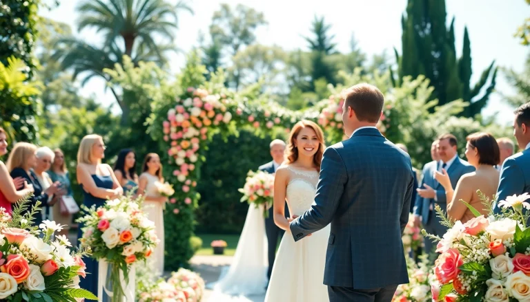 Wedding photographer capturing an intimate outdoor ceremony with a beautiful couple in a garden setting.