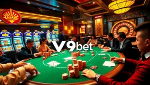 Experience thrilling poker action and luxurious casino excitement at V9bet with vibrant gaming and atmosphere.