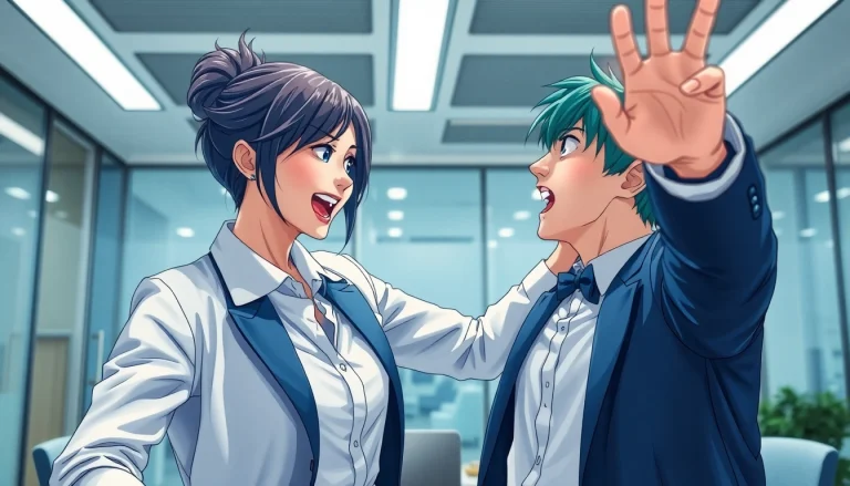 現代のオフィスを舞台にしたちぇんじんぐのキャラクターたちの魅力的な場面。コスプレと職場のダイナミクスを強調。