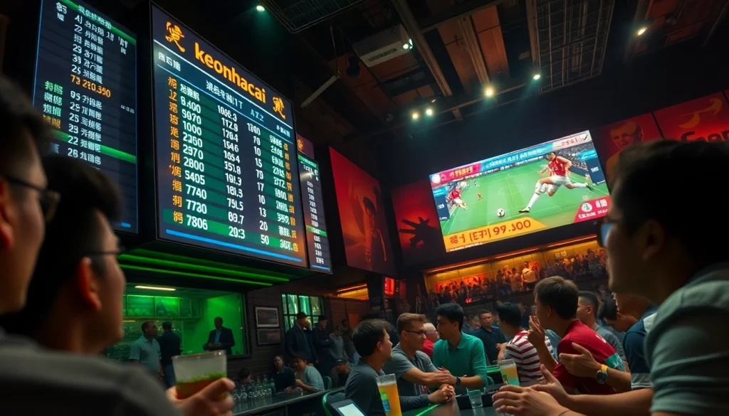 Engaging soccer betting scene featuring keonhacai digital odds in a lively sports bar atmosphere.