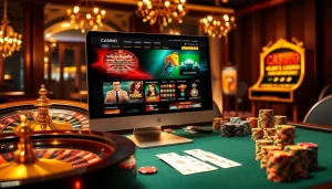 Vivez l'excitation du casino en ligne avec des jetons de poker vibrants et une roue de roulette animée.