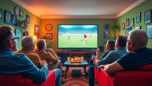 Excited fans enjoying high-quality sports broadcasting at home on 토토스토리