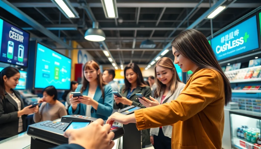 モダンな小売環境でスマートフォンと非接触型カードを使ってキャッシュレス決済を行う顧客。