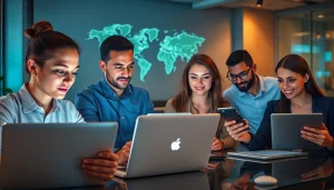 在现代办公室中，展示多元化专业人士安全高效连接的快连 VPN。