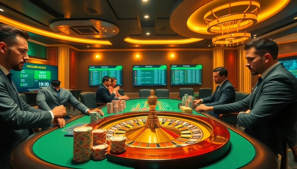 Immersive casino scene with players enjoying games at https://luck882.co.com/, showcasing luxury and excitement.