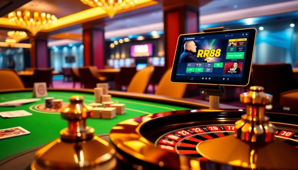 RR88 casino table with poker chips and sleek gaming interface.
