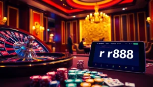 Experience the thrill of winning at RR88's vibrant casino with poker chips and roulette wheel.