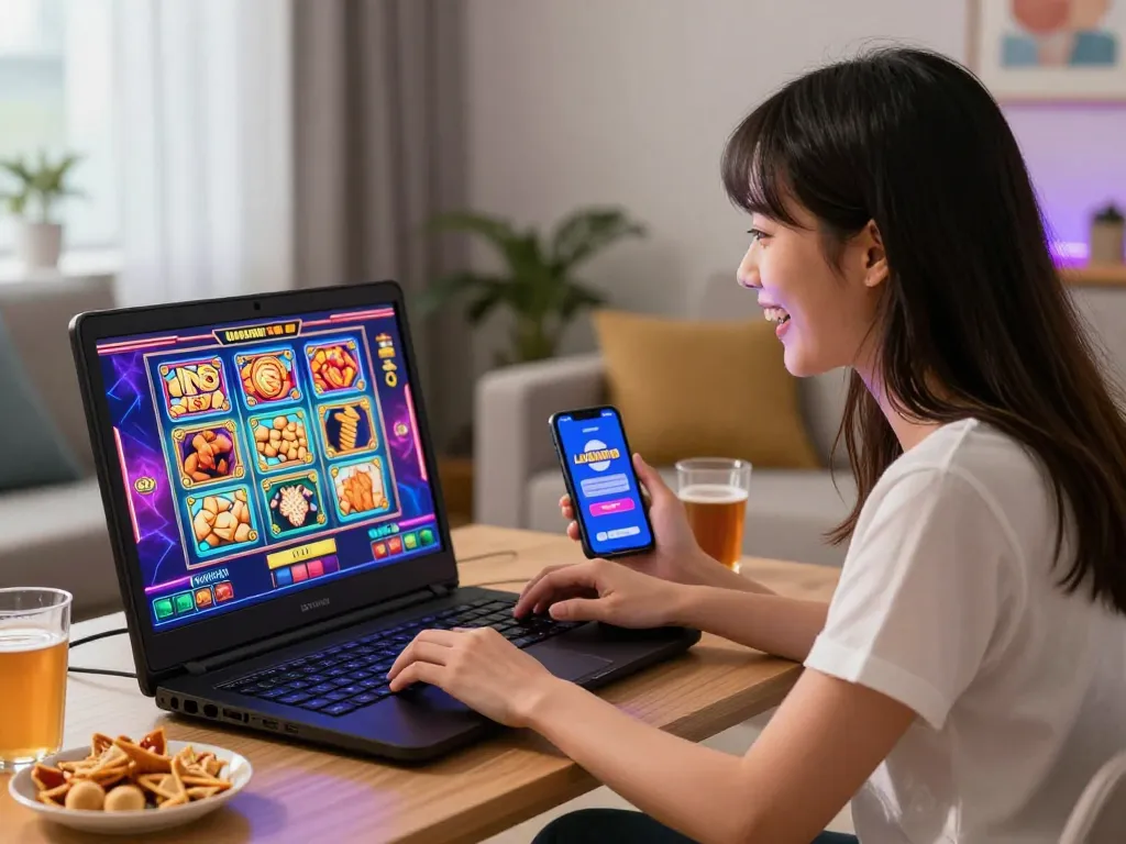 Pengalaman permainan online yang menarik dengan platform laoban188, menampilkan seorang wanita bermain slot dalam suasana yang nyaman.