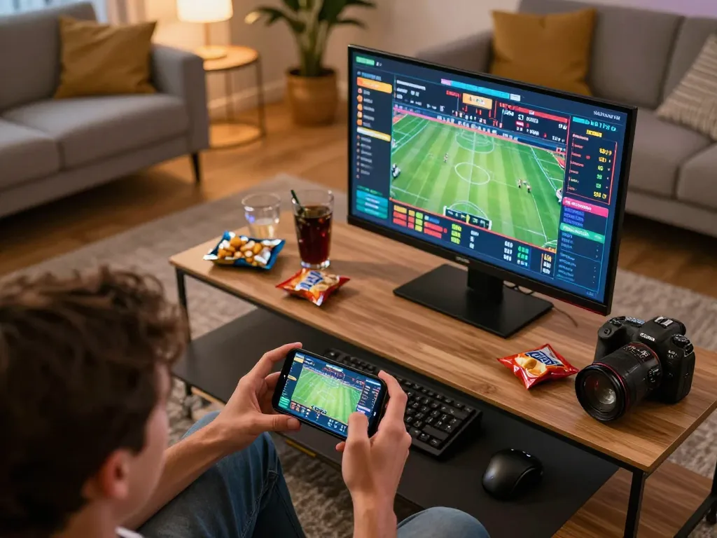 Engaged user placing bets on TG88 sports betting app with dynamic interface and cozy home setup