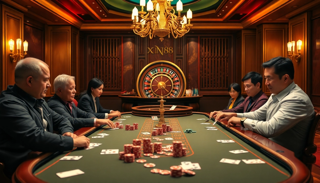 Exciting scene of players at a casino poker table, embodying the thrill of Nhà cái xin88.