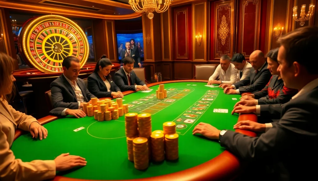 Players engaged in a thrilling poker game at a luxurious QQ88 casino table, showcasing cards and chips.
