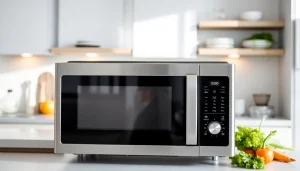 Innovative microwave oven displaying modern design features in a bright kitchen.