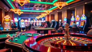 Experience the thrill of online gambling at https://open88ss.com/ with a vibrant casino scene showcasing poker chips and roulette.