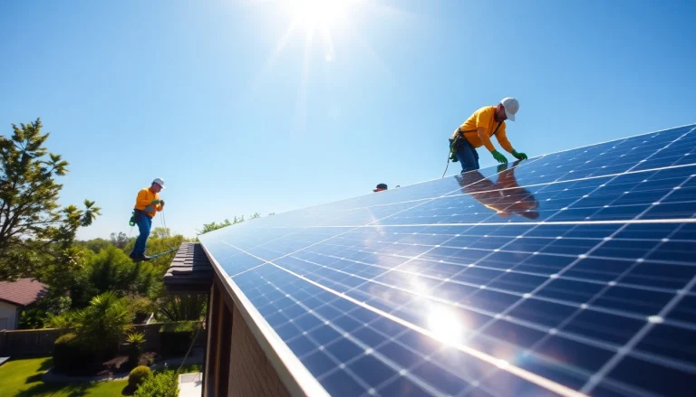 Showcasing renewable energy solutions with a solar panel installation team on a rooftop.