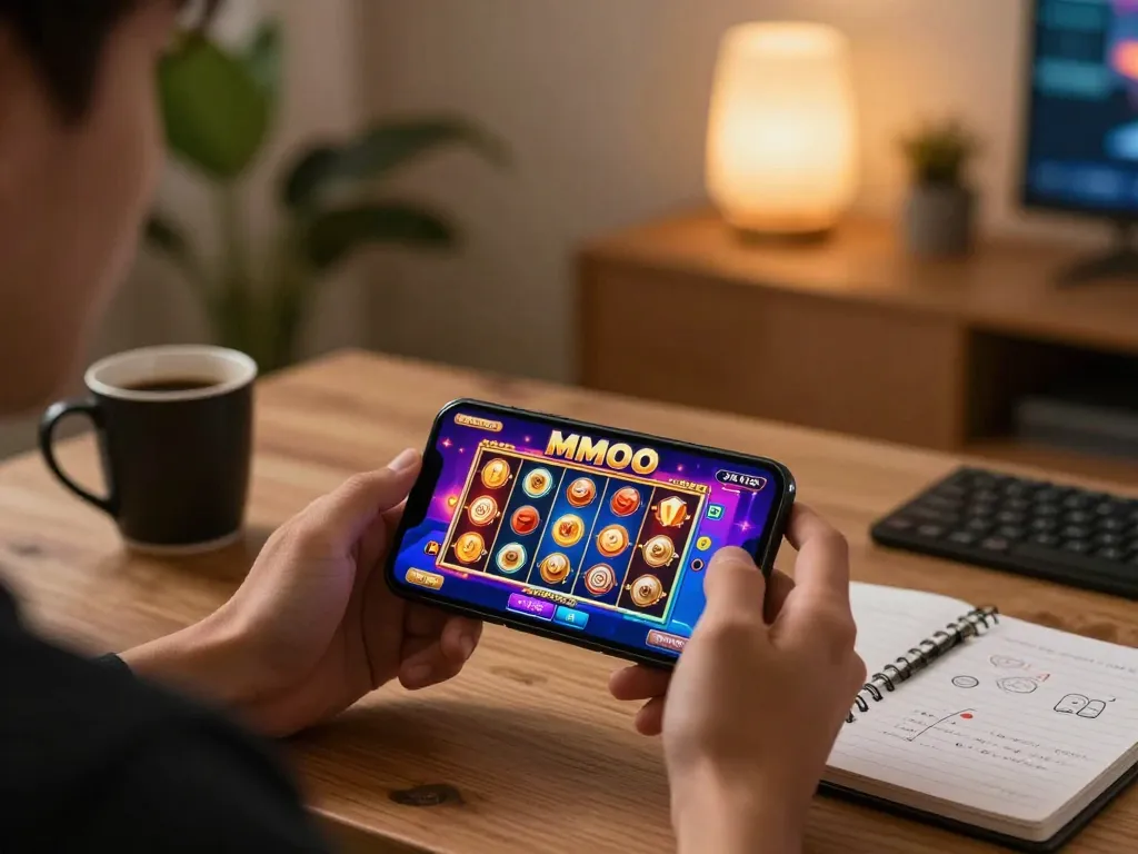 Experience MMOO gaming on a smartphone in a cozy setting with vibrant slot visuals.
