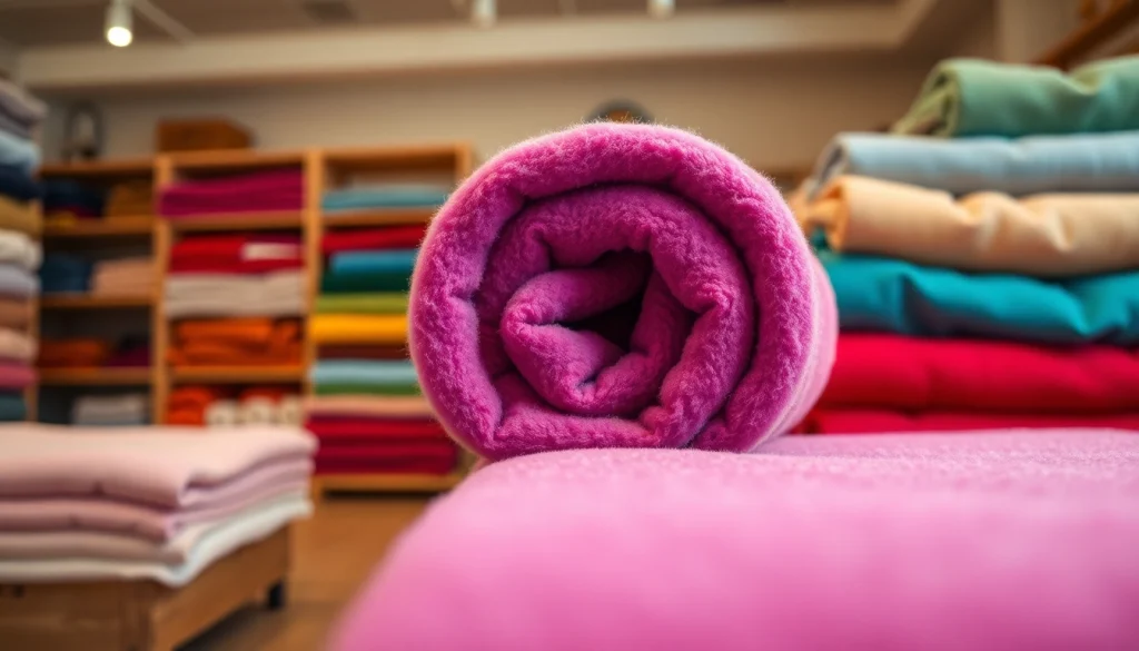 Koop fleece stof per meter met een kleurrijke rol in een gezellige stoffenwinkel.