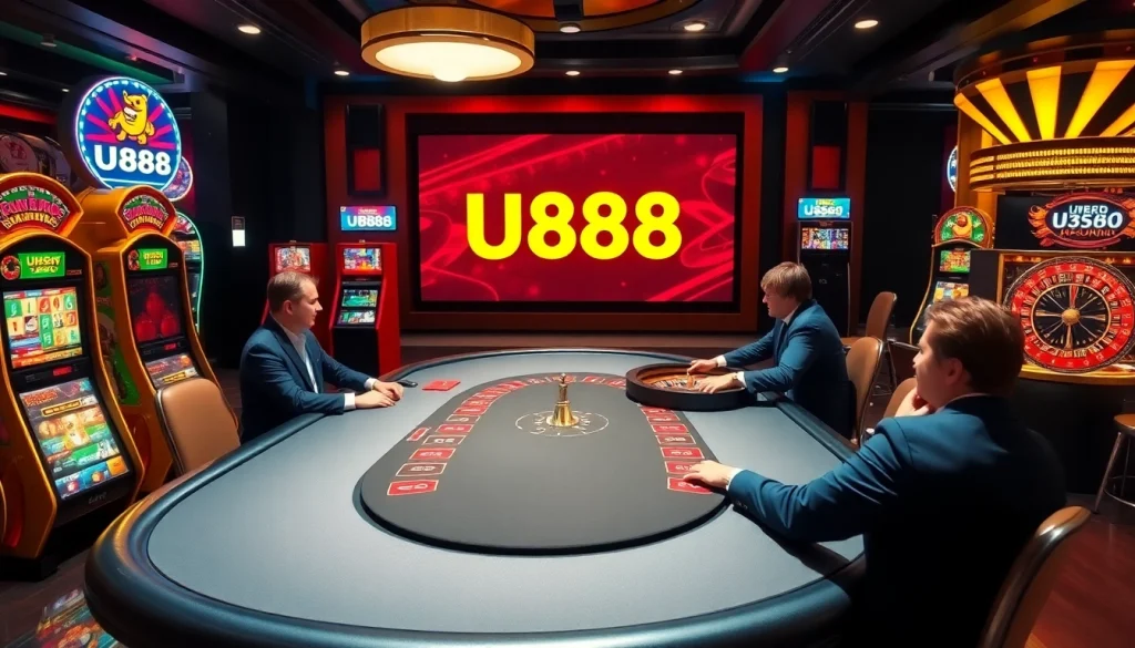 U888 casino players engaging in poker amidst vibrant slots and roulette tables.