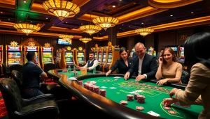 Excited players enjoying gambling at KK55's luxurious casino tables.