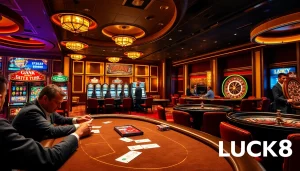 Experience the thrill of LUCK8 gaming at an upscale casino with dynamic poker tables and vibrant slot machines.