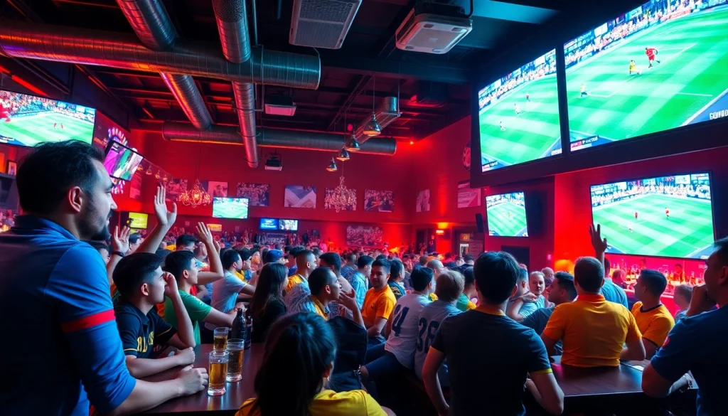Fans enjoying live soccer streaming on socolive.com.co in a vibrant sports bar.