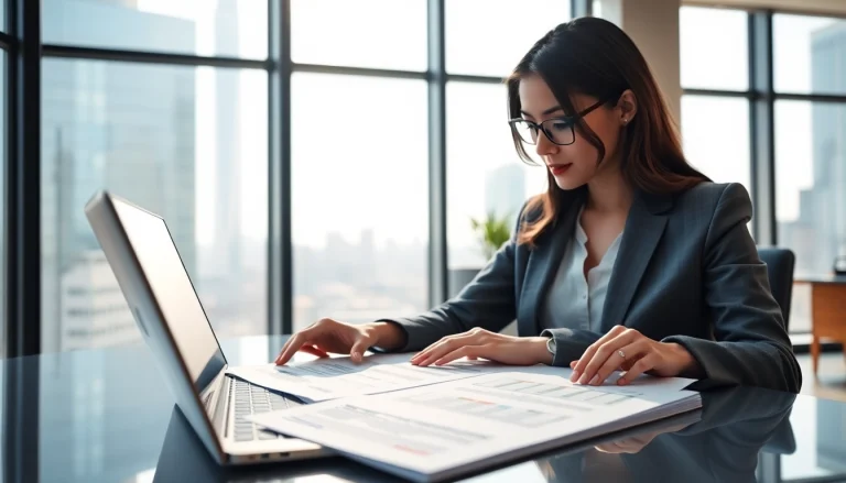 Analiza regulacji AI w nowoczesnym biurze, z prawniczką i dokumentami.