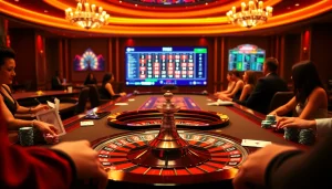 Players enjoying a lively Roulette game at RR88, showcasing vibrant casino elements and excitement.
