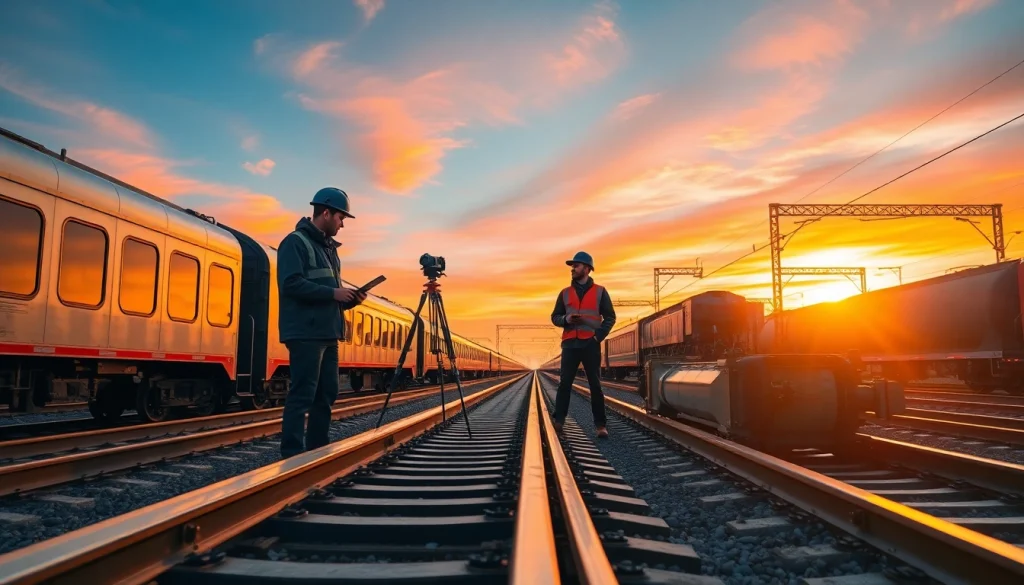 Engineers collaborating in Railroad Engineering project with tracks and train components.