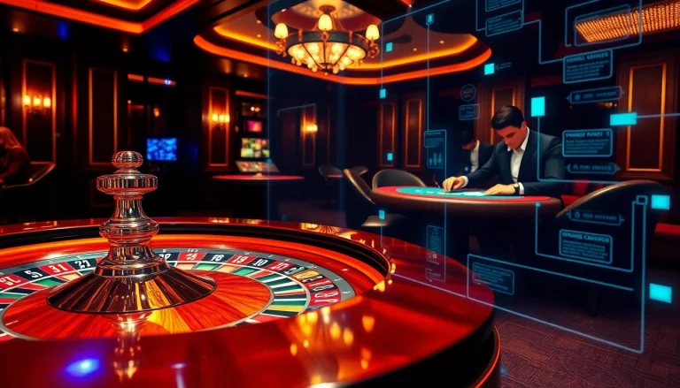 Engage in thrilling gameplay at https://vb88.boston/ with a vibrant casino scene showcasing roulette and poker.