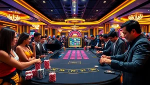 Players engaging with a new77 slot machine at an upscale casino, surrounded by excitement and color.