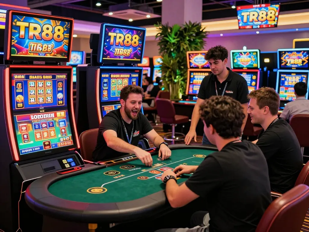TR88 gaming scene with players enjoying slots and poker in vibrant casino setting.