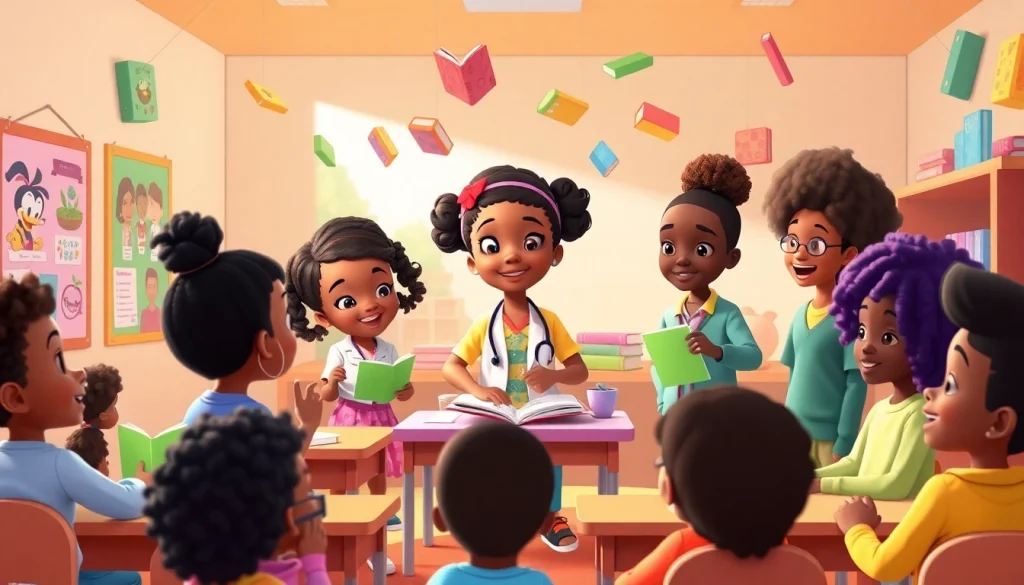 A vibrant scene showcasing African American cartoons with diverse characters engaging in a cheerful learning environment.