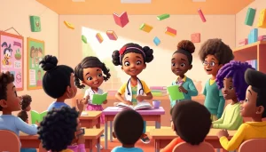 A vibrant scene showcasing African American cartoons with diverse characters engaging in a cheerful learning environment.