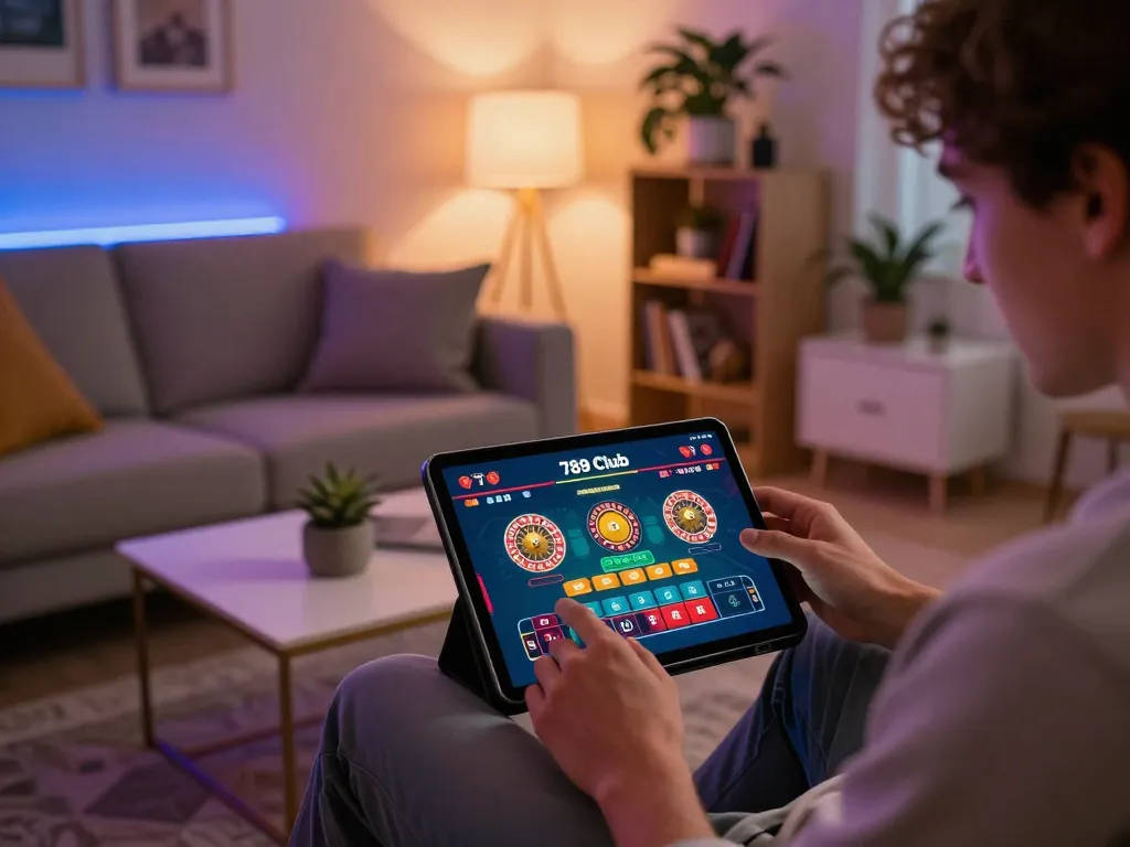 Player engaging with the 789 club live casino game interface on tablet in cozy home setting