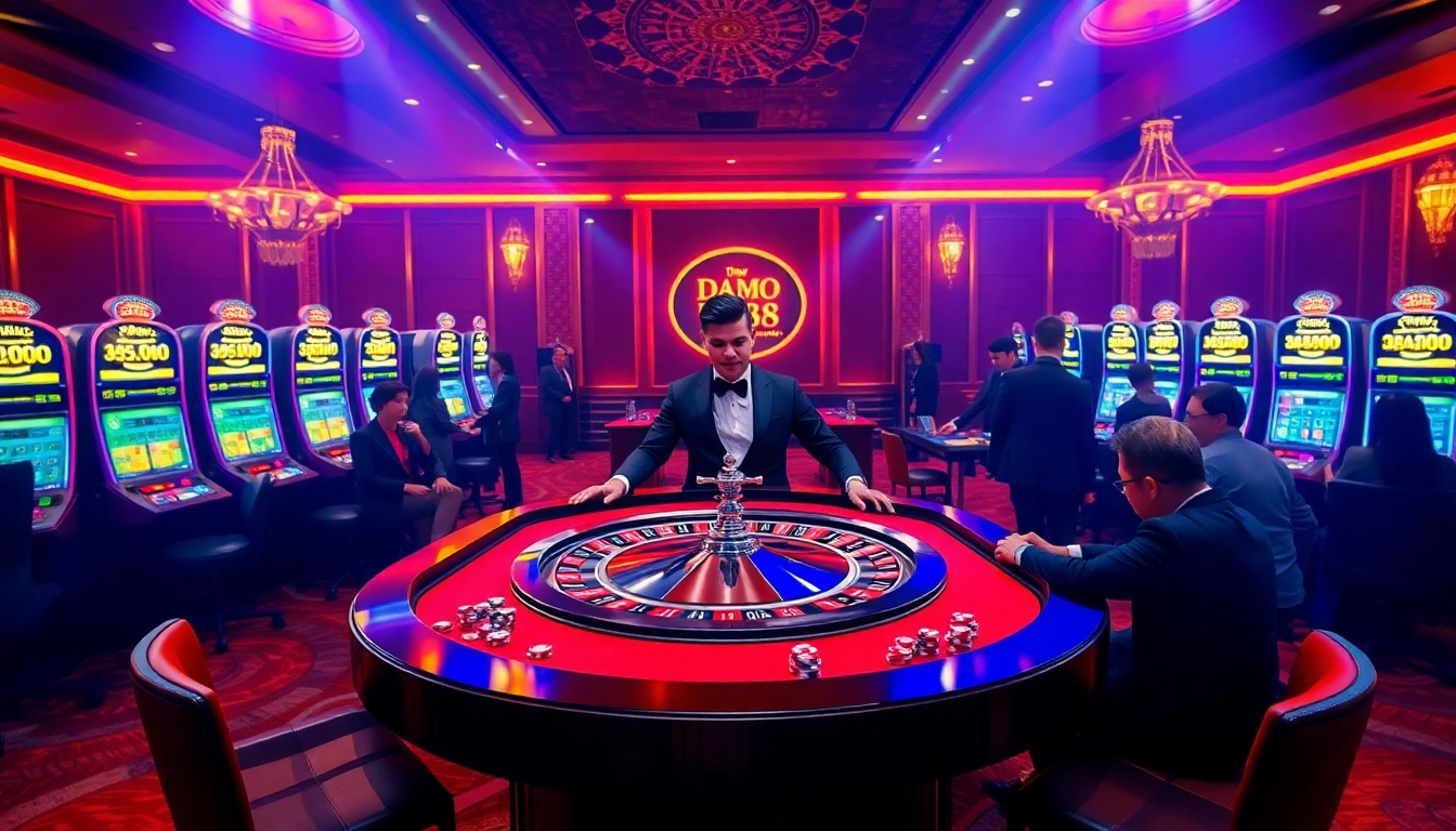 Engage at a luxurious DH88 casino with vibrant roulette and slot machines amidst thrilling gameplay.
