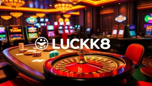 LUCK8 casino experience with poker chips and roulette wheel, showcasing elegant gambling excitement.
