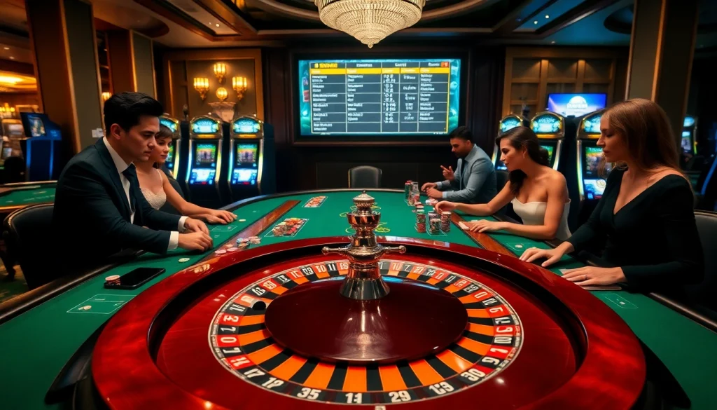 Scène de jeu excitante dans un casino en ligne avec des tables de poker vibrantes et des roues de roulette.