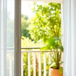 Zainstalowane moskitiery na drzwi balkonowe w nowoczesnym wnętrzu.