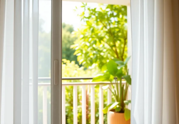 Zainstalowane moskitiery na drzwi balkonowe w nowoczesnym wnętrzu.