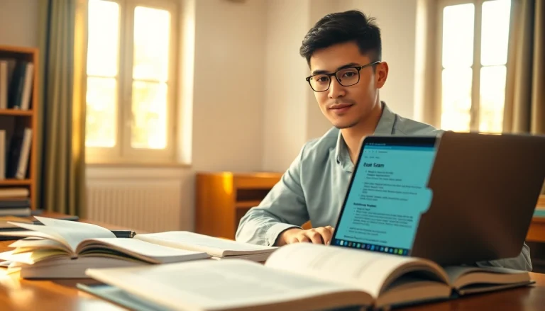Student using exam help resources at a study desk enriched by natural light.