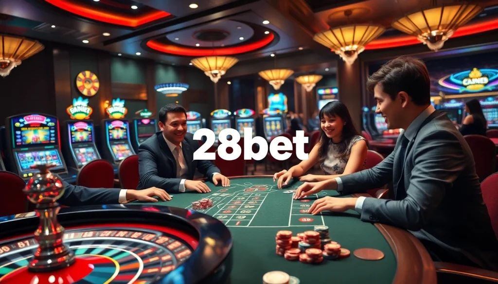 28bet casino scene featuring players at a poker table, roulette wheel, and vibrant slot machines.