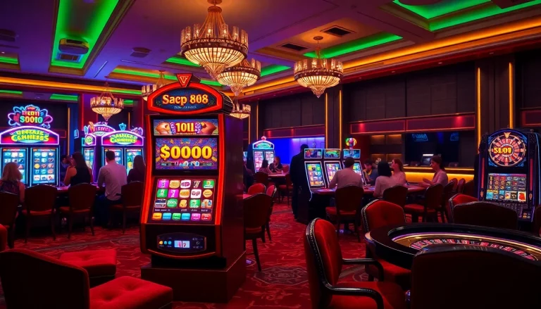 Engaged players winning on the slot88 machine in a vibrant casino with chips and cards.
