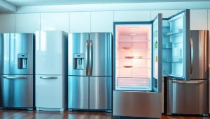 Highlighting variety in refrigerator sales with modern kitchen displays and stylish appliances.
