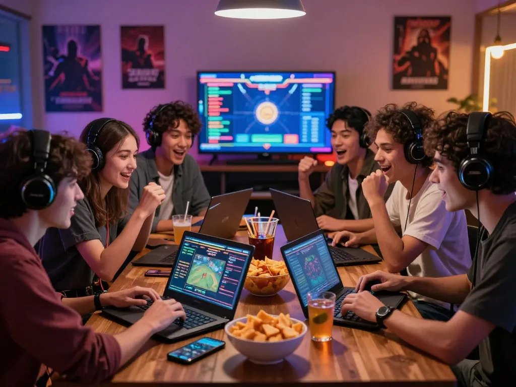 Friends engaging in online betting with wraungtoto excitement during a lively game night, showcasing vibrant atmosphere and social interaction.
