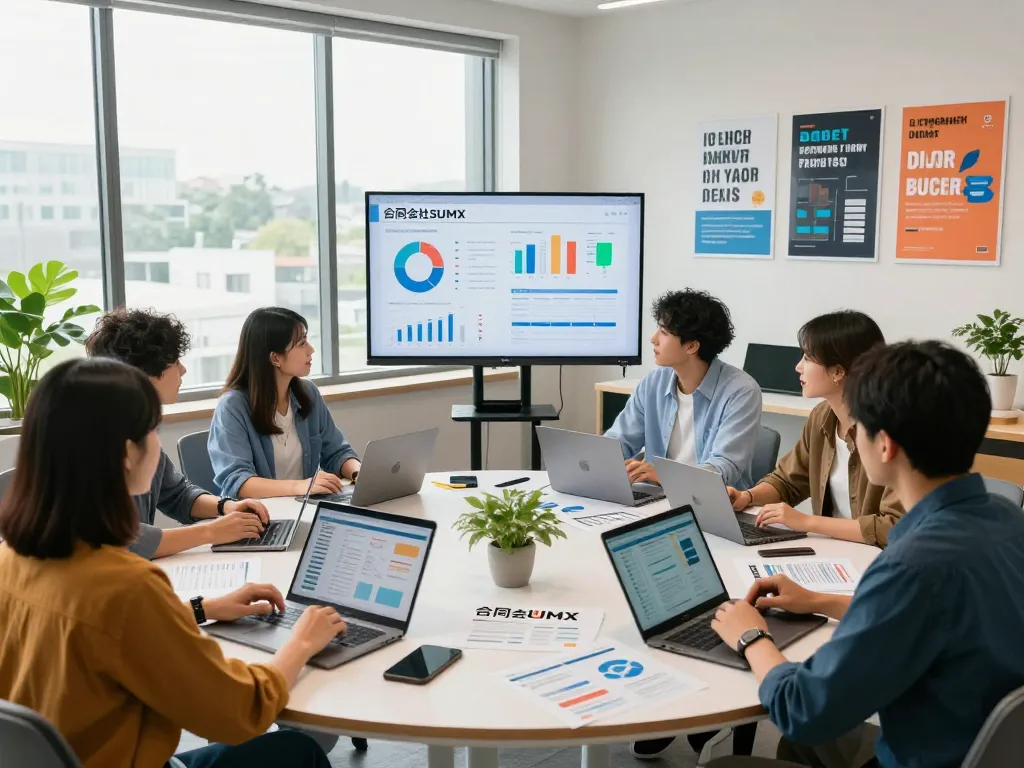 現代のオフィスでデジタルマーケティング戦略を開発する合同会社SUMXの協力的なチーム。