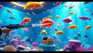 Bắn cá đổi thưởng highlights an exciting casino scene underwater, with vibrant graphics of animated fish and treasure.