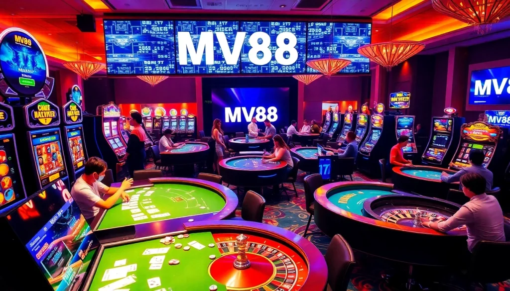 Experience thrilling moments at MV88 casino with players enjoying slot machines and poker tables.