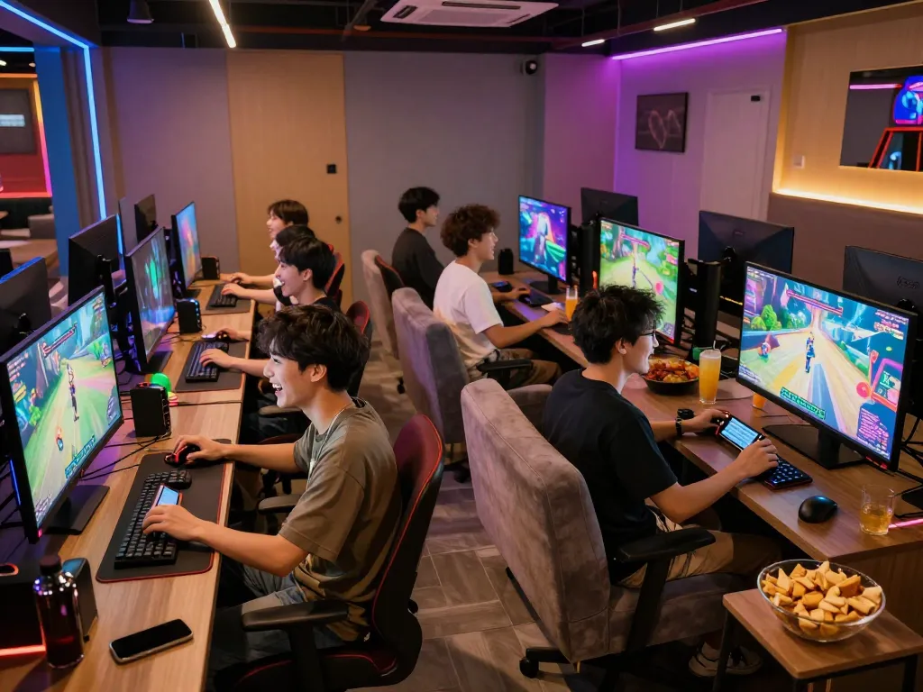 Tải game 789 club with friends in a modern gaming lounge, colorful lights and screens enhancing the experience