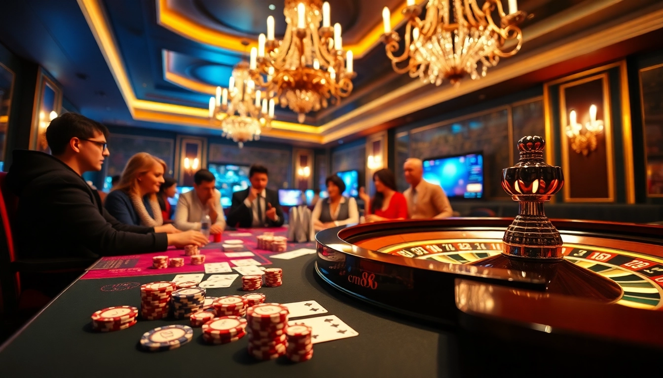Engaged players enjoying a thrilling game on the trang chủ cm88 casino table, surrounded by vibrant poker chips and cards.