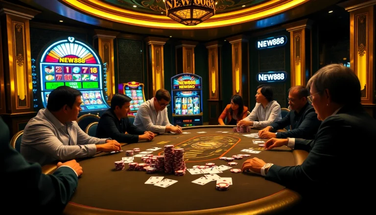 Players enjoying a thrilling round of poker at NEW888 casino with high-stakes action and vibrant atmosphere.